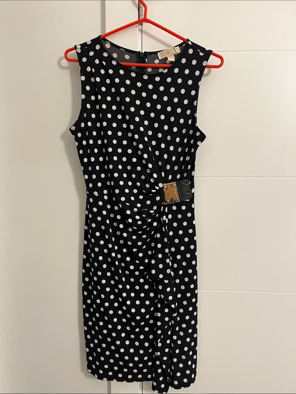 MICHAEL Michael Kors Black & White Polka Dot Midi Sheath Dress with Gold Accent